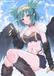 Rule 34 | 1girl, bandeau, black wings, breasts, claws, commission, green hair, harpy, highres, indie virtual youtuber, lincoro, medium breasts, monster girl, pointy ears, red eyes, short twintails, skeb commission, solo, stomach tattoo, strapless, suzuho hotaru, tattoo, tiara, tongue, tongue out, twintails, twitter username, virtual youtuber, wings