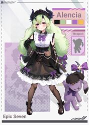 Rule 34 | 1girl, absurdres, alencia (epic seven), black footwear, black pantyhose, blush, bow, character name, closed mouth, copyright name, epic seven, expressionless, full body, green hair, hair bow, highres, holding, holding stuffed toy, horns, looking at viewer, pantyhose, purple bow, red eyes, shuvi (shuvi1125), solo, stuffed animal, stuffed rabbit, stuffed toy, tail