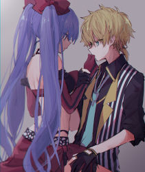 Rule 34 | 1boy, 1girl, black bra, black gloves, black shirt, blonde hair, blue eyes, blue hair, bow, bra, couple, ebi (yzpiyo039), elbow gloves, fingerless gloves, from side, girl on top, gloves, grey background, hair bow, hand on another&#039;s thigh, hatsune miku, hetero, highleg, highleg panties, jacket, kagamine len, long hair, necktie, open clothes, open jacket, panties, profile, red bow, red gloves, red skirt, shirt, short hair, short ponytail, shoulder blades, side slit, sketch, skirt, sleeves rolled up, striped clothes, striped jacket, twintails, underwear, very long hair, vocaloid