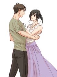 Rule 34 | 1boy, 1girl, bare arms, black hair, black pants, breasts, brown eyes, brown hair, collared shirt, couple, cowboy shot, dancing, eren yeager, grey shirt, hair between eyes, hand on another&#039;s back, hands on another&#039;s chest, hetero, highres, jewelry, long skirt, looking at another, medium breasts, medium hair, mikasa ackerman, mnine5, necklace, pants, ponytail, purple skirt, shingeki no kyojin, shirt, short hair, skirt, sleeveless, sleeveless shirt, sleeves rolled up, smile, white background, white shirt