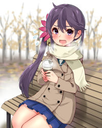 Rule 34 | 1girl, absurdres, akebono (kancolle), autumn, autumn leaves, bell, bench, blue skirt, blurry, brown coat, coat, coffee cup, commentary request, cup, day, depth of field, disposable cup, flower, flying sweatdrops, hair bell, hair between eyes, hair flower, hair ornament, highres, jingle bell, kantai collection, kneehighs, long hair, looking at viewer, miniskirt, open mouth, outdoors, pink lips, pleated skirt, purple eyes, purple hair, sarfata, scarf, school uniform, serafuku, side ponytail, sitting, skirt, socks, steam, very long hair, wavy mouth, white scarf