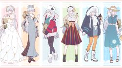 Rule 34 | 1girl, absurdres, akitokage, alternate costume, american flag, anastasia (fate), anastasia (festival outfit) (fate), anastasia (shvibzik snow) (fate), blue eyes, boots, breasts, doll, dress, fate/grand order, fate (series), fur hat, gloves, hairband, hat, heroic spirit festival outfit, highres, hood, hooded coat, large breasts, long dress, long hair, multiple views, pantyhose, papakha, silver hair, skirt, straw hat, striped clothes, striped skirt, under the same sky, white gloves