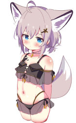 Rule 34 | 1girl, absurdres, ahoge, animal ear fluff, animal ears, arknights, arms behind back, bare shoulders, bikini, black bikini, blue eyes, blush, breasts, closed mouth, commentary request, cropped legs, eyebrows hidden by hair, fox ears, fox girl, fox tail, grey hair, hair between eyes, hair ornament, hairclip, highleg, highleg bikini, highres, looking at viewer, low twintails, navel, rebaa, see-through, short twintails, simple background, small breasts, solo, sussurro (arknights), swimsuit, tail, twintails, white background, x hair ornament
