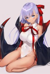 Rule 34 | 1girl, bad id, bad pixiv id, bare legs, bb (fate), bb (fate) (all), bb (swimsuit mooncancer) (fate), bb (swimsuit mooncancer) (third ascension) (fate), blush, bow, bowtie, breasts, cape, emyo, fate/grand order, fate (series), gloves, hair ribbon, large breasts, leotard, long hair, looking at viewer, purple eyes, purple hair, ribbon, seiza, simple background, sitting, smile, solo, tan, white gloves, white leotard