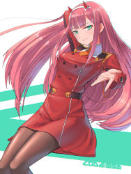 Rule 34 | 1girl, arm behind head, bad id, bad pixiv id, brown pantyhose, character name, darling in the franxx, dress, floating hair, green eyes, grin, hairband, highres, horns, invisible chair, long hair, looking at viewer, military, military uniform, necktie, orange necktie, paisen, pantyhose, pink hair, red dress, short dress, short necktie, sitting, smile, solo, turtleneck, uniform, very long hair, white background, white hairband, zero two (darling in the franxx)