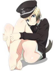 Rule 34 | 1girl, ass, barefoot, blonde hair, blue eyes, blush, closed mouth, dog tail, erica hartmann, hat, looking at viewer, military, military hat, military uniform, nanashino, panties, shiny skin, short hair, simple background, sitting, smile, solo, strike witches, tail, underwear, uniform, white background, white panties, world witches series