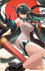 Rule 34 | 1girl, 2024, arknights, artist name, black footwear, black hair, breasts, cleavage cutout, clothing cutout, collar, colored skin, dragon, dragon girl, dragon horns, dragon tail, dress, dusk (arknights), earrings, green hair, green horns, green skin, hair over one eye, highres, horns, jamg336, jewelry, large breasts, looking at viewer, multicolored hair, necktie, open mouth, pointy ears, red necktie, single bare shoulder, streaked hair, tail, tassel, tassel earrings, teeth, torn clothes, torn dress, upper teeth only, white dress
