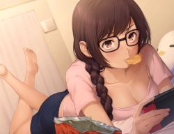 Rule 34 | 1girl, 3ri10te, bad id, bad pixiv id, bag of chips, barefoot, black-framed eyewear, black shorts, blush, braid, breasts, brown eyes, brown hair, chips (food), cleavage, collarbone, crossed ankles, dutch angle, feet up, food, glasses, hair over shoulder, handheld game console, highres, indoors, long hair, lying, medium breasts, mouth hold, nintendo switch, on stomach, original, pink shirt, playing games, shirt, short sleeves, shorts, single braid, solo, stuffed animal, stuffed bird, stuffed toy