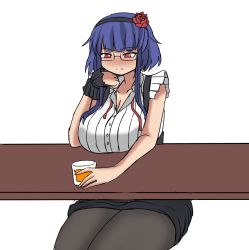 Rule 34 | black pantyhose, blue hair, bow, breast rest, breasts, corset, cup, deculture, drinking glass, feet out of frame, flower, glasses, hair bow, hair flower, hair ornament, heather crunch, highres, huge breasts, lonely, necktie, original, pantyhose, red eyes, resting, sad, second-party source, sleeveless, thighs, undone necktie