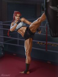 Rule 34 | 1girl, abs, absurdres, audia pahlevi, boxing ring, commission, fingerless gloves, gloves, grey eyes, gym, highres, kettlebell, kicking, long hair, muscular, muscular female, original, punching bag, red hair, scar, shorts, smile, solo, tank top, toned