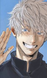 Rule 34 | 1boy, blue background, blue eyes, commentary request, gojou satoru, hand up, highres, jujutsu kaisen, looking at viewer, male focus, namida a2, portrait, shirt, short hair, simple background, smile, solo, teeth, white shirt