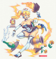 Rule 34 | 1girl, apron, armlet, blonde hair, blue eyes, bowsette, bracelet, breasts, choker, cleavage, collar, duster, elbow gloves, fire, gloves, high heels, horns, jewelry, large breasts, maid, maid headdress, mario (series), new super mario bros. u deluxe, nintendo, ponytail, spiked armlet, spiked bracelet, spiked collar, spikes, super crown, supersatanson, tail, thighhighs, white gloves, white thighhighs