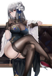 Rule 34 | 1girl, absurdres, afpl (parrotz4), azur lane, black gloves, black thighhighs, blue dress, breasts, china dress, chinese clothes, chinese new year, cleavage, closed mouth, commentary, commentary request, crossed legs, dress, english commentary, flower, garter straps, gloves, grey hair, hair flower, hair ornament, hair ribbon, hand fan, high heels, highres, holding, holding fan, large breasts, long hair, looking at viewer, official alternate costume, red eyes, ribbon, saint-louis (alluring administrator) (azur lane), saint-louis (azur lane), see-through, see-through cleavage, simple background, sitting, solo, thighhighs, thighs, white footwear