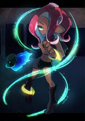Rule 34 | 1girl, agent 8 (splatoon), ankle boots, artist name, black footwear, black shirt, black skin, black skirt, blue eyes, boots, bracelet, closed mouth, colored skin, commentary, commentary request, crop top, frown, full body, hair over one eye, high heel boots, high heels, highres, holding, jewelry, knee boots, light trail, long hair, looking at viewer, midriff, miniskirt, nintendo, octoling, octoling girl, octoling player character, pleated skirt, pointy ears, red hair, shirt, skirt, solo, splatoon (series), splatoon 2, splatoon 2: octo expansion, squidbeak splatoon, standing, suction cups, symbol-only commentary, tentacle hair, ueda kou