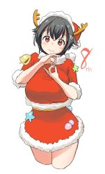 Rule 34 | 1girl, alternate costume, antlers, black hair, breasts, commentary request, cropped legs, fur-trimmed skirt, fur trim, hair flaps, hair ornament, hairclip, horns, jingei (kancolle), kantai collection, large breasts, low ponytail, red eyes, red shirt, red skirt, reindeer antlers, shirt, simple background, skirt, solo, tamu (mad works), white background