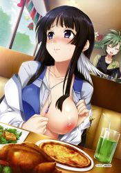 Rule 34 | 2girls, :d, absurdres, artist name, bendy straw, black hair, blush, bra, breasts, cafe, closed eyes, closed mouth, collarbone, cup, drink, drinking glass, drinking straw, elnie tachibana, embarrassed, fingernails, flashing, food, green hair, hair between eyes, highres, indoors, jewelry, jinki, large breasts, long hair, long sleeves, medium breasts, multiple girls, necklace, nipples, no bra, one breast out, open clothes, open mouth, open shirt, oppai challenge, purple eyes, scan, shiny skin, shirt, short hair, sidelocks, smile, tsunashima shirou, tsuzaki aoba, underwear