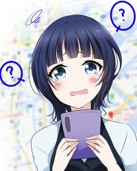 Rule 34 | 1girl, ?, artist name, artist request, asaka karin, blue eyes, blue hair, blush, breasts, cellphone, confused, crying, crying with eyes open, dark blue hair, female focus, highres, holding, holding cellphone, holding phone, looking at viewer, love live!, love live! nijigasaki high school idol club, parted lips, phone, shirt, short hair, small breasts, smile, solo, tears, upper body, white shirt, zero-theme, zero 0w0