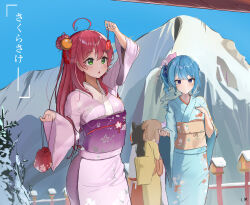 Rule 34 | 4girls, absurdres, ahoge, arm up, artist name, blue eyes, blue hair, blue kimono, blue sky, breasts, commentary, cowboy shot, green eyes, hair bun, hair ornament, hand on own chest, hand up, highres, holding, hololive, hoshimachi suisei, japanese clothes, kimono, long hair, long sleeves, looking at object, looking at viewer, lovelyme, medium breasts, mountain, multiple girls, obi, omamori, open mouth, purple kimono, red hair, sakura miko, sash, side ponytail, single hair bun, sky, snow, standing, star (symbol), star hair ornament, virtual youtuber, wide sleeves