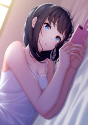 Rule 34 | 1girl, absurdres, bare shoulders, black hair, blue eyes, blush, breasts, camisole, cellphone, cleavage, collarbone, dutch angle, highres, holding, holding phone, indoors, long hair, looking at phone, loungewear, ochiai miyabi, on bed, open mouth, original, phone, small breasts, smartphone, solo, window