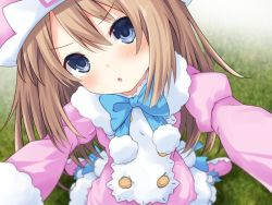 Rule 34 | 1girl, blue eyes, blush, brown hair, choujigen game neptune, choujigen game neptune sisters vs sisters, compile heart, covering privates, dress, hair between eyes, idea factory, iwashi dorobou -r-, long hair, looking at viewer, neptune (series), open mouth, pink dress, pom pom (clothes), ram (neptunia), reaching, reaching towards viewer, solo