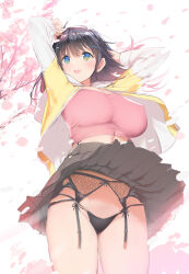 Rule 34 | 1girl, :d, ahoge, arms up, black panties, blue eyes, branch, breasts, brown hair, cherry blossoms, cleavage, clothes lift, clueless, covered erect nipples, crop top, from below, grey skirt, groin, highres, hood, hoodie, impossible clothes, impossible shirt, jacket, large breasts, lingerie, long sleeves, looking up, navel, no bra, open clothes, open jacket, open mouth, original, panties, pantyshot, pink crop top, pink shirt, pleated skirt, shirt, short hair, simple background, skirt, smile, solo, standing, taut clothes, taut shirt, teeth, thighs, torn clothes, torn skirt, tree, underwear, upper teeth only, white background, wind, wind lift, yaegashi nan, yellow hoodie, yellow jacket