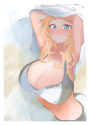 Rule 34 | 1girl, absurdres, arms up, blonde hair, blue eyes, blush, breasts, cleavage, closed mouth, clothes lift, commentary, girls und panzer, grey sports bra, highres, kay (girls und panzer), kyougi sharyou, large breasts, lifting own clothes, long hair, looking at viewer, shirt lift, smile, solo, sports bra, undressing