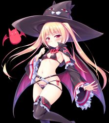 Rule 34 | 1girl, animal hat, bat wings, black bra, black capelet, black hat, black panties, blazblue, blonde hair, blush, bow, bow panties, bowtie, bra, breasts, capelet, cat hat, closed mouth, commentary request, detached sleeves, fingernails, frilled sleeves, frills, hand up, hat, long hair, long sleeves, looking at viewer, naoki (endofcentury102), navel, outstretched arm, panties, pink wings, rachel alucard, red bow, red bowtie, red eyes, small breasts, solo, twintails, underwear, uneven eyes, very long hair, wide sleeves, wings, witch hat