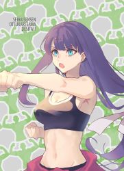 Rule 34 | 1girl, blue eyes, clenched hands, fate/grand order, fate (series), flexing, highres, long hair, martha (fate), midriff, navel, num (zombie headline), purple hair, solo, sports bra, training