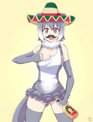 Rule 34 | :d, absurdres, animal ears, artist request, bare shoulders, bottle, breasts, brown eyes, cleavage, collarbone, cowboy shot, ears through headwear, elbow gloves, facial hair, fingerless gloves, giorno giovanna&#039;s pose (jojo), gloves, gluteal fold, grey gloves, grey hair, grey thighhighs, hat, highres, jojo no kimyou na bouken, jojo pose, kemono friends, looking at viewer, medium breasts, mexico, mustache, one-piece swimsuit, open mouth, otter ears, otter tail, short hair, simple background, skindentation, small-clawed otter (kemono friends), smile, solo, sombrero, source request, swimsuit, tail, tequila, thighhighs, v-shaped eyebrows, vento aureo, yellow background