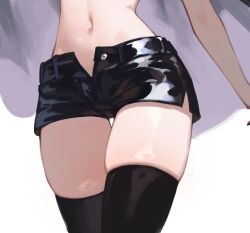 Rule 34 | 1girl, arm at side, black shorts, black thighhighs, foolish potato, highres, legs together, lower body, navel, original, out of frame, short shorts, shorts, simple background, solo, stomach, thick thighs, thigh gap, thighhighs, thighs, white background, zettai ryouiki