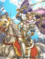 Rule 34 | 1boy, 6+others, armor, armored boots, artist name, blonde hair, boots, bow (weapon), braid, cape, copyright name, day, earrings, faceless, force of will, fur trim, gloves, horse, jewelry, kamijororo, long hair, male focus, multiple others, official art, open mouth, pointy ears, purple eyes, sky, solo focus, sparkle, staff, sword, teeth, tiara, weapon