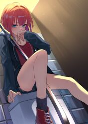 Rule 34 | 1girl, absurdres, arm support, black jacket, black socks, blue eyes, blush, commentary request, commission, covering own mouth, drawstring, hair between eyes, hand up, highres, jacket, kuro shiraga, looking at viewer, original, red footwear, red hair, red shirt, shirt, short hair, shorts, sitting, skeb commission, socks, solo, sword, weapon
