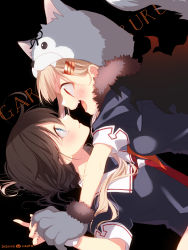 Rule 34 | 2girls, ahoge, animal hands, animal hood, black background, blonde hair, blue eyes, blush, breasts, brown hair, capelet, dated, fangs, fur trim, gloves, hair flaps, hair ornament, hairclip, halloween, halloween costume, highres, hood, kantai collection, long hair, multiple girls, naoto (tulip), open mouth, paw gloves, profile, red eyes, red neckwear, sailor collar, school uniform, serafuku, shigure (kancolle), short sleeves, signature, simple background, smile, text background, yuudachi (kancolle)