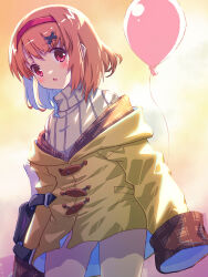 Rule 34 | 1girl, akayama yukihe, balloon, brown hair, coat, commentary request, cowboy shot, hairband, highres, kanon, looking at viewer, red eyes, red hairband, ribbed sweater, short hair, sleeves past fingers, sleeves past wrists, solo, sweater, tsukimiya ayu, white sweater, yellow coat