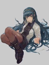 Rule 34 | 1girl, black footwear, boots, breasts, cleopatra (fate), earrings, facial tattoo, fate/grand order, fate (series), green eyes, green hair, hairband, highres, jewelry, kouzuki kei, necklace, pantyhose, pantyhose under shorts, shorts, simple background, solo, tattoo