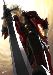 Rule 34 | 1boy, capcom, dante (devil may cry), devil may cry (series), devil may cry 4, fingerless gloves, gloves, grin, hiryuu, jacket, male focus, smile, solo, sword, weapon, white hair