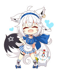 Rule 34 | 1girl, 7:08, absurdres, ahoge, animal ear fluff, animal ears, apron, black choker, blue shirt, blue skirt, blush, braid, choker, closed eyes, commentary request, earrings, extra ears, facing viewer, fang, fox ears, fox girl, fox tail, hair between eyes, hand on own hip, heart, highres, hololive, jewelry, lawson, long hair, looking at viewer, maid apron, maid headdress, open mouth, pentagram, roller skates, shirakami fubuki, shirt, short sleeves, sidelocks, simple background, single braid, skates, skin fang, skirt, solo, striped clothes, striped skirt, sukonbu (shirakami fubuki), tail, thigh strap, virtual youtuber, white background, white hair
