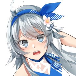 Rule 34 | 1girl, ahoge, bad id, bad twitter id, blue hairband, commentary request, flower, grey eyes, hair flower, hair ornament, hairband, kantai collection, katsuobushi (eba games), long hair, looking at viewer, silver hair, simple background, solo, upper body, washington (kancolle), white background
