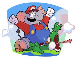 Rule 34 | :o, absurdres, arms up, bloodshot eyes, blue eyes, blue sky, cabbie hat, clenched hand, colored skin, constricted pupils, cracked shell, crushing, elephant, elephant mario, facial hair, fat, fat man, gloves, green skin, grey skin, hat, highres, initial, juicyartz, large ears, letter print, long sleeves, long tongue, mario, mario (series), mustache, nintendo, open mouth, pain, red headwear, red shirt, riding, shirt, sitting, sky, snout, super mario bros. wonder, tongue, wall-eyed, white gloves, yoshi