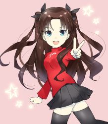 Rule 34 | 1girl, :d, black hair, black skirt, black thighhighs, blue eyes, cowboy shot, emblem, fate (series), from side, gedou (ge ge gedou), hair ribbon, long hair, long sleeves, looking at viewer, miniskirt, open mouth, parted bangs, pink background, pleated skirt, red shirt, ribbon, shirt, skirt, smile, solo, standing, star (symbol), thighhighs, thighs, tohsaka rin, two side up, v, zettai ryouiki
