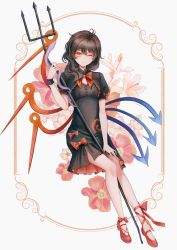 Rule 34 | 1girl, absurdres, asymmetrical wings, black capelet, black dress, bow, bowtie, brown hair, capelet, dress, full body, highres, holding, houjuu nue, hourai kiriri, looking at viewer, one eye closed, red bow, red bowtie, short sleeves, simple background, smile, solo, touhou, white background, wings