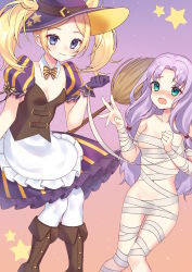 Rule 34 | 2girls, bandages, blonde hair, blue eyes, boots, bowtie collar, breasts, broom, broom riding, cleavage, clothed female nude female, corset, fire emblem, fire emblem: the blazing blade, fire emblem awakening, fire emblem heroes, florina (fire emblem), gloves, halloween, halloween costume, hat, highres, lissa (fire emblem), long hair, multiple girls, naked bandage, navel, nintendo, no bra, no panties, nude, purple hair, purple skirt, shoulder pads, skirt, thighhighs, twintails, watashishi, white thighhighs, witch, witch hat