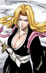 Rule 34 | 1girl, between breasts, black kimono, bleach, blonde hair, blue eyes, breasts, chain necklace, cleavage, female focus, japanese clothes, kimono, large breasts, long hair, looking at viewer, matsumoto rangiku, mole, mole under mouth, necklace, official art, pink scarf, scarf, solo, sword, weapon