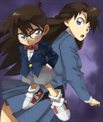 1boy 1girl black-framed_eyewear blazer blue_eyes blue_jacket blue_skirt bow bowtie brown_hair child collared_shirt commentary_request edogawa_conan glasses grey_shorts jacket long_hair long_sleeves meitantei_conan mouri_ran necktie open_mouth red_bow red_bowtie red_necktie school_uniform shino_(2919) shirt short_hair shorts skirt socks white_shirt white_socks window