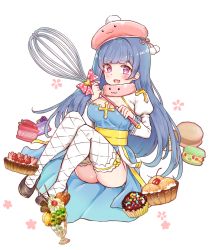 Rule 34 | 1girl, :d, arch bishop (ragnarok online), ass, bad id, bad pixiv id, beret, black footwear, blue dress, blue hair, blush, bow, breasts, c8oyk, cleavage, cupcake, dress, fang, fishnet thighhighs, fishnets, food, fruit, full body, hat, heart, highres, holding, juliet sleeves, knees up, long hair, long sleeves, looking at viewer, macaron, medium breasts, open mouth, oversized object, parfait, pink hat, polka dot, polka dot bow, puffy sleeves, purple eyes, ragnarok online, red bow, shoes, shrug (clothing), simple background, smile, solo, strawberry, thighhighs, thighs, very long hair, whisk, white background, white thighhighs, wide sleeves