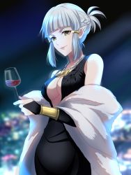 Rule 34 | 1girl, black dress, black gloves, blonde hair, blunt bangs, braid, breasts, cleavage, cup, dress, drinking glass, elbow gloves, fate/grand order, fate (series), fingerless gloves, french braid, gloves, hair ornament, holding, holding cup, large breasts, looking at viewer, penthesilea (fate), penthesilea (shining skyscrapers) (fate), red wine, satou (fujisanjj-mesigaumaize), short hair, sidelocks, sleeveless, sleeveless dress, solo, upper body, wine, wine glass, yellow eyes