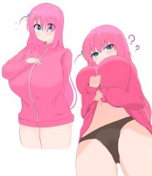 Rule 34 | ?, absurdres, black panties, bocchi the rock!, bottomless, breasts, clothes lift, from below, gluteal fold, gotoh hitori, highres, jacket, large breasts, lifting own clothes, lyz ya, navel, panties, skirt, skirt lift, tagme, track jacket, underwear