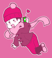 Rule 34 | 10s, 1boy, :3, aph hero, artist name, bad id, bad pixiv id, beanie, blush, cellphone, coat, hat, heart, line (naver), male focus, matsuno todomatsu, monochrome, osomatsu-kun, osomatsu-san, osomatsu (series), phone, pink background, scarf, simple background, smartphone, smile, solo, winter clothes