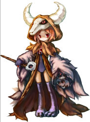 Rule 34 | 1girl, black thighhighs, brown cloak, cloak, closed mouth, commentary request, full body, holding, holding staff, hood, hood up, hooded cloak, horns, looking at viewer, necromancer (ragnarok online), norapeko, orange hair, personification, ragnarok online, red eyes, school swimsuit, short hair, simple background, skull, solo, staff, swimsuit, thighhighs, white background
