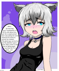 Rule 34 | 1girl, absurdres, animal ears, bell, black shirt, blue eyes, blush, breasts, cat ears, cat girl, cleavage, collar, cpt.tester works, disappointed, english text, grey hair, highres, medium breasts, neck bell, pale skin, shirt, small breasts, solo, speech bubble, tank top, white hair